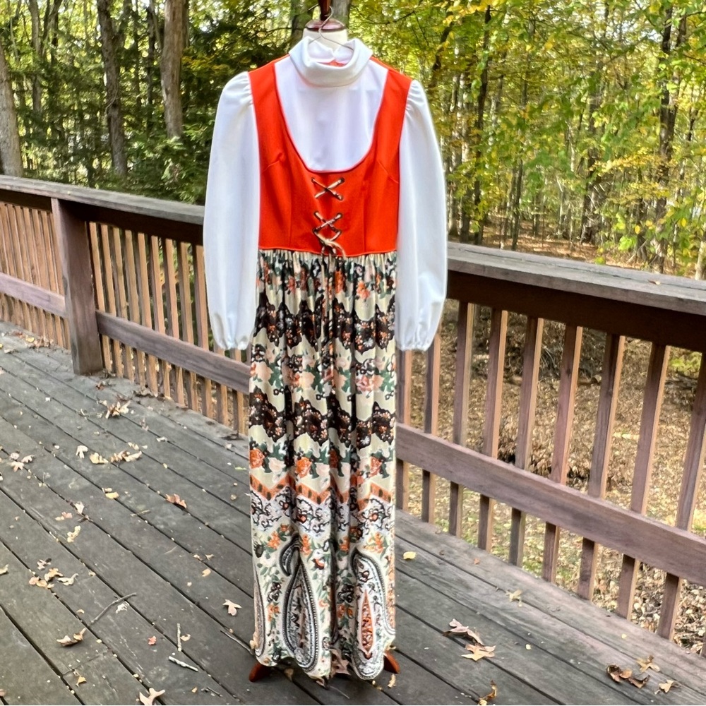 Vintage Style Orange, White and Boho print Dress size Small
